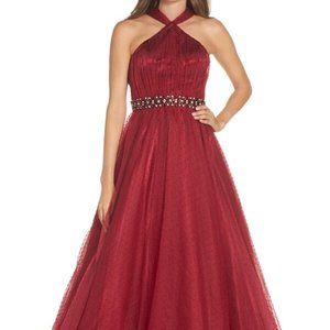 $698 MAC DUGGAL EMBELLISHED TULLE HALTER BALL GOWN SIZE 12